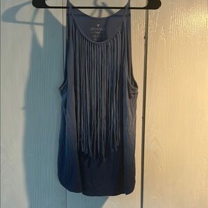 Stylish Blue Tank Top with Fringe Details